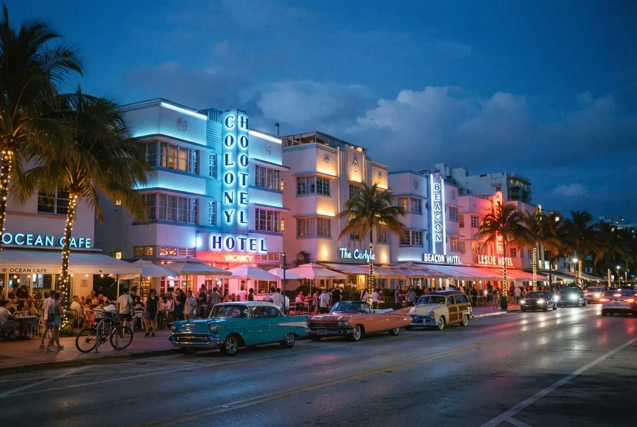 Fachadas art déco em tons pastel na Ocean Drive ao anoitecer, néon aceso e carros antigos estacionados