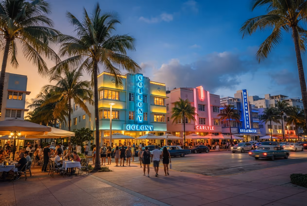 Fachadas art déco em tons pastel na Ocean Drive de South Beach ao fim da tarde