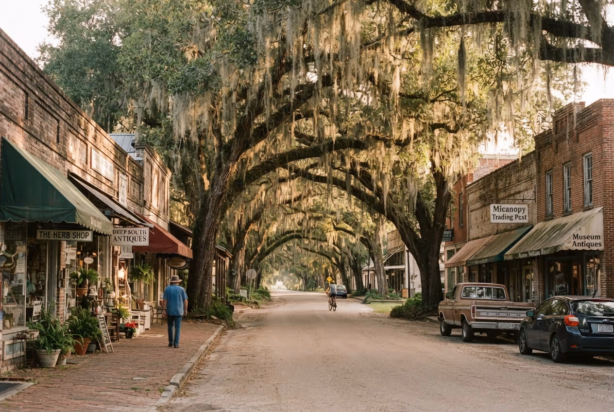 Rua principal de Micanopy com lojas antigas de tijolo sob carvalhos cobertos de barba-de-velho