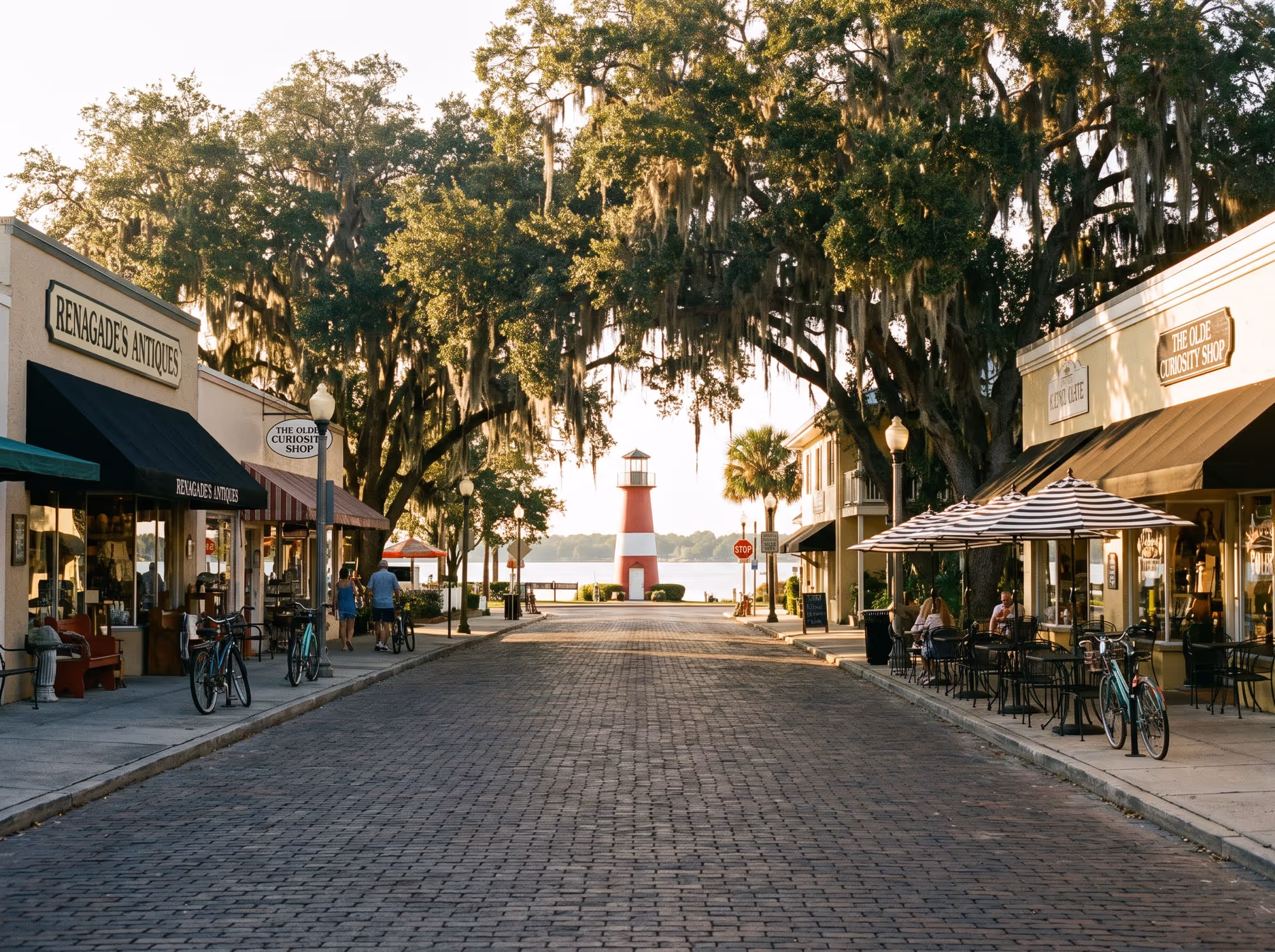 Farol vermelho e branco de Mount Dora na margem do Lago Dora ao fim da tarde