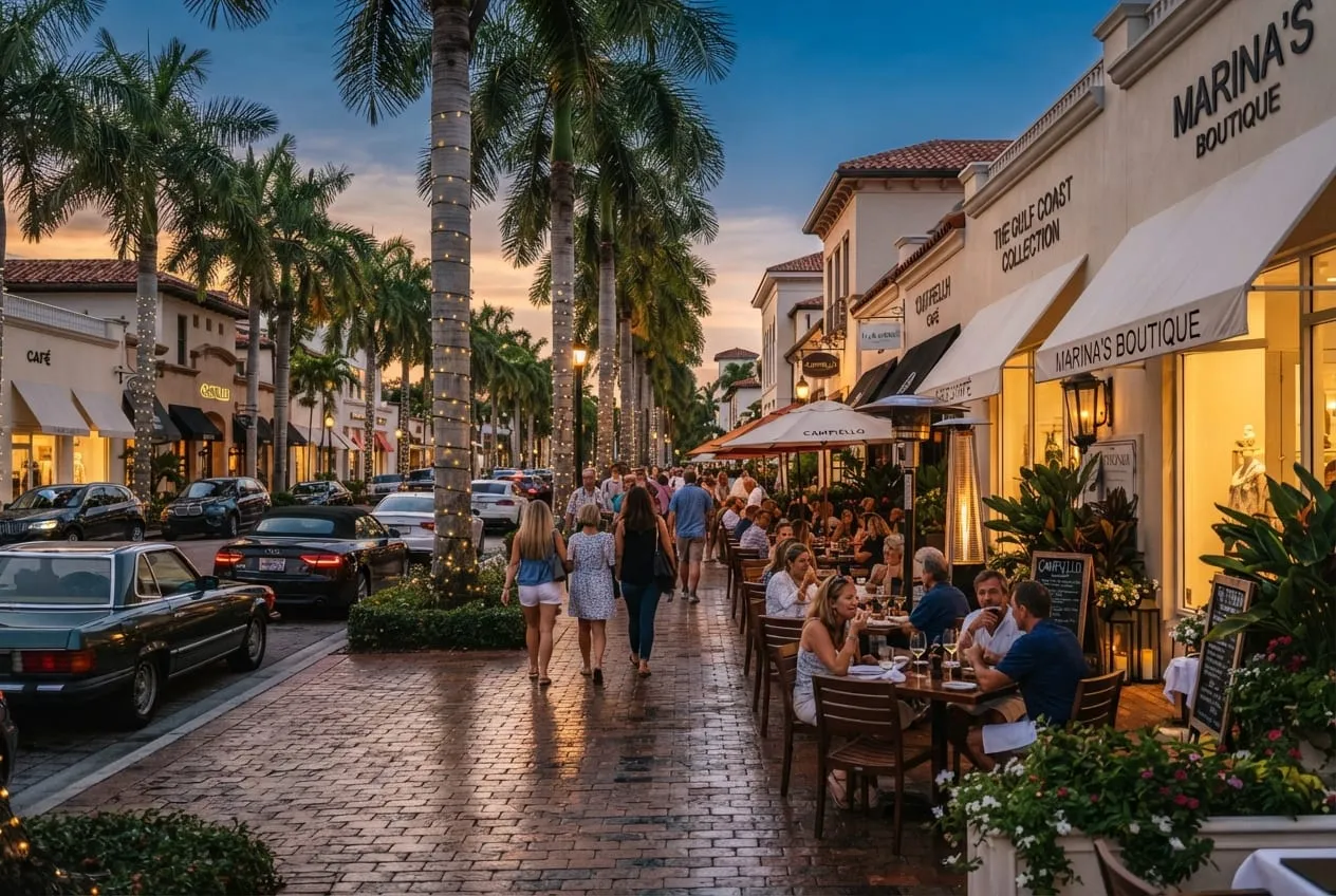 Rua do centro de Naples com mesas de restaurante na calçada, lojas e palmeiras dos dois lados