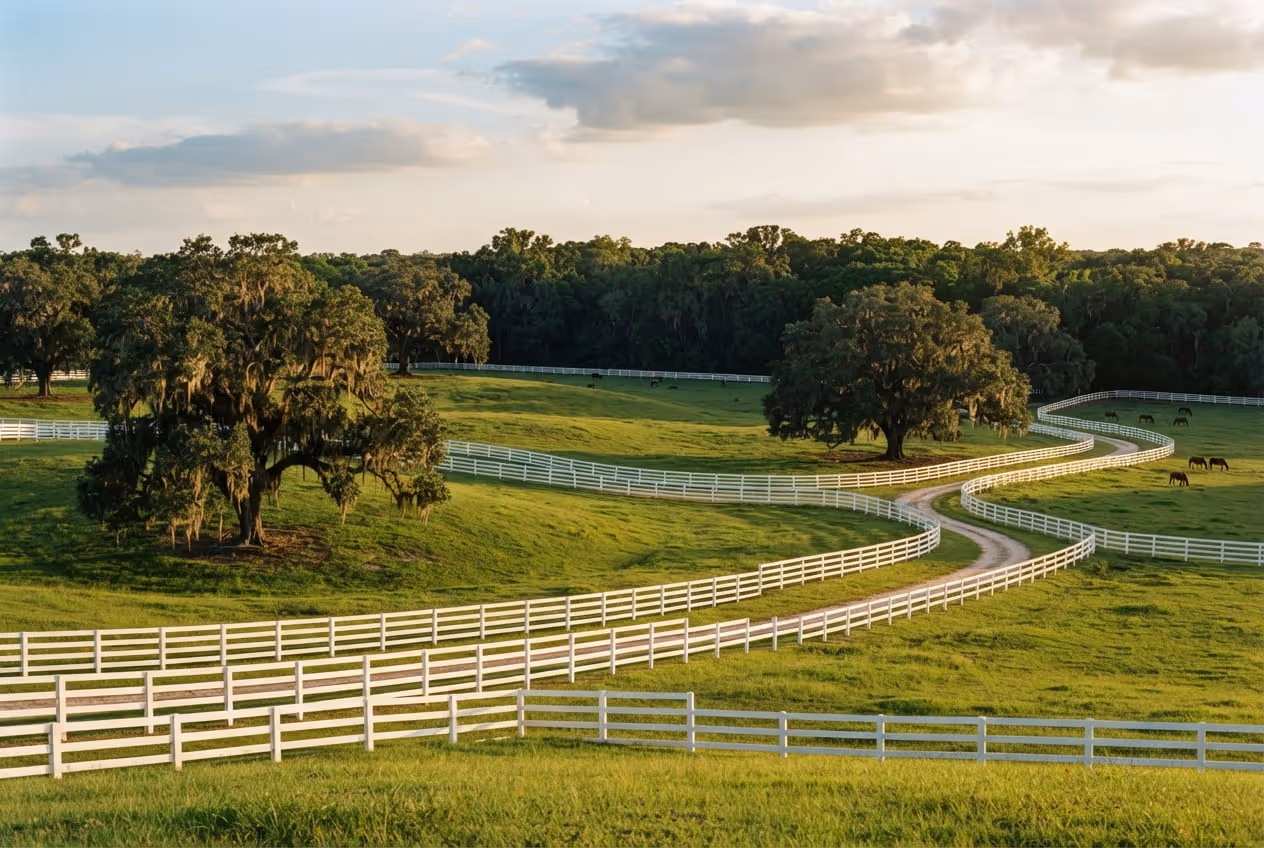 Estrada de terra entre cercas brancas de fazenda de cavalos e carvalhos com musgo espanhol perto de Ocala