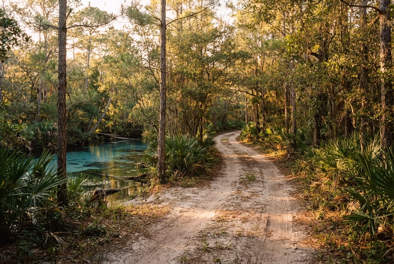 Trilha arenosa entre pinheiros-de-areia baixos e palmeiras anãs na Ocala National Forest