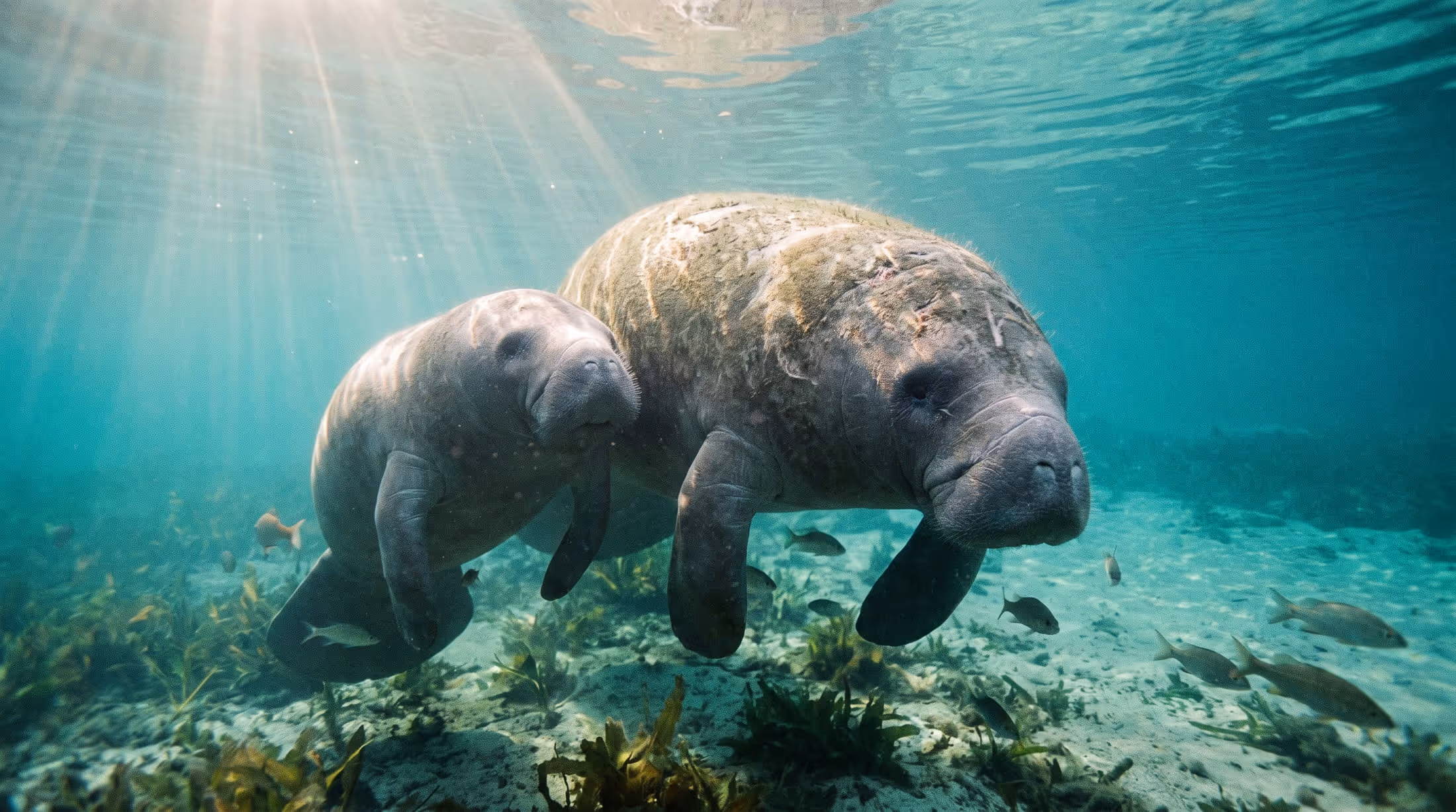 Peixe-boi adulto boiando em água transparente de nascente com o dorso próximo da superfície