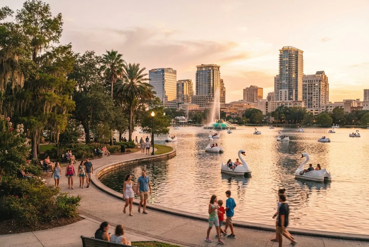 Pedalinhos em forma de cisne no lago Eola ao entardecer, com os prédios do centro de Orlando ao fundo