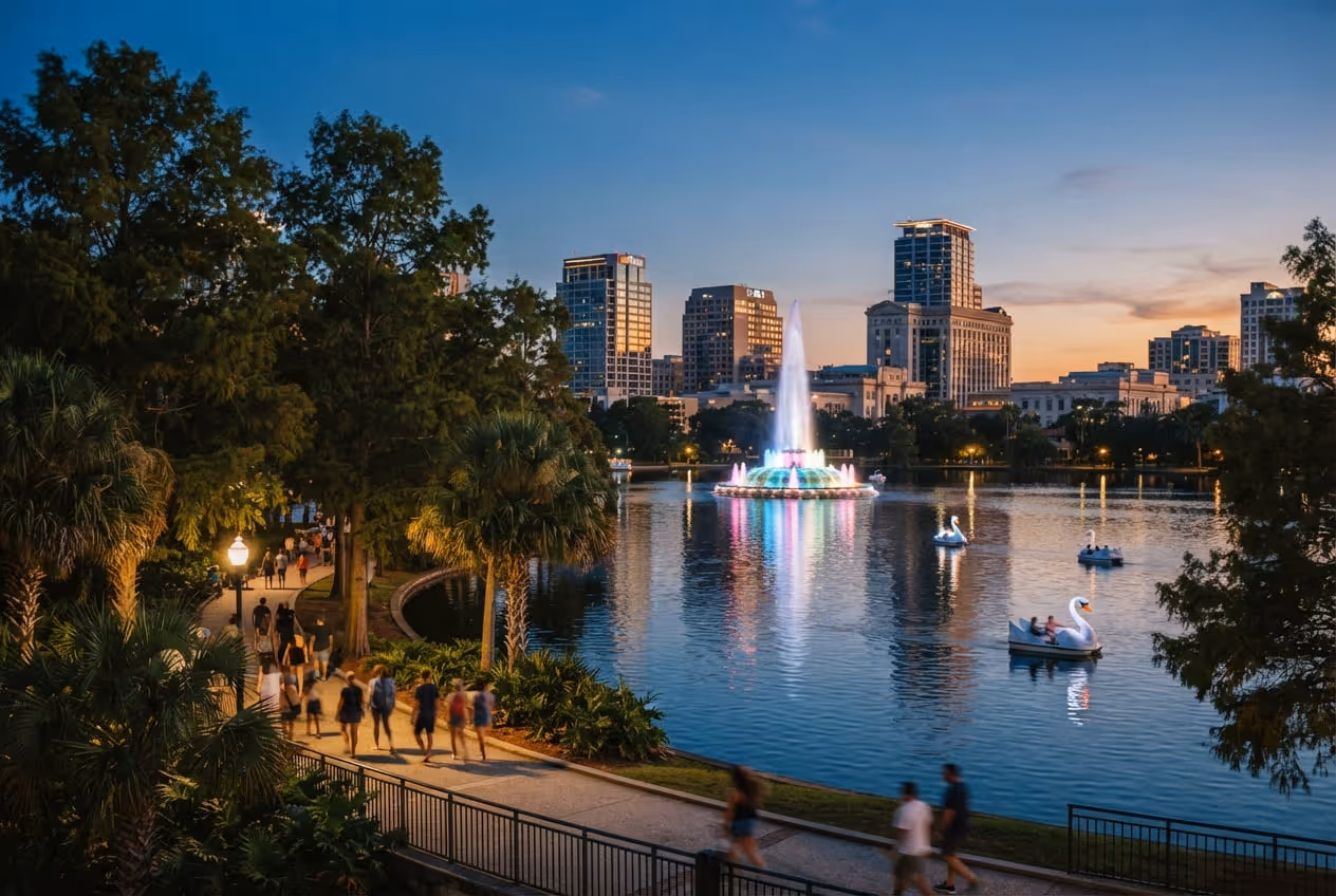 Lago Eola no centro de Orlando com o chafariz iluminado e os prédios do downtown ao fundo