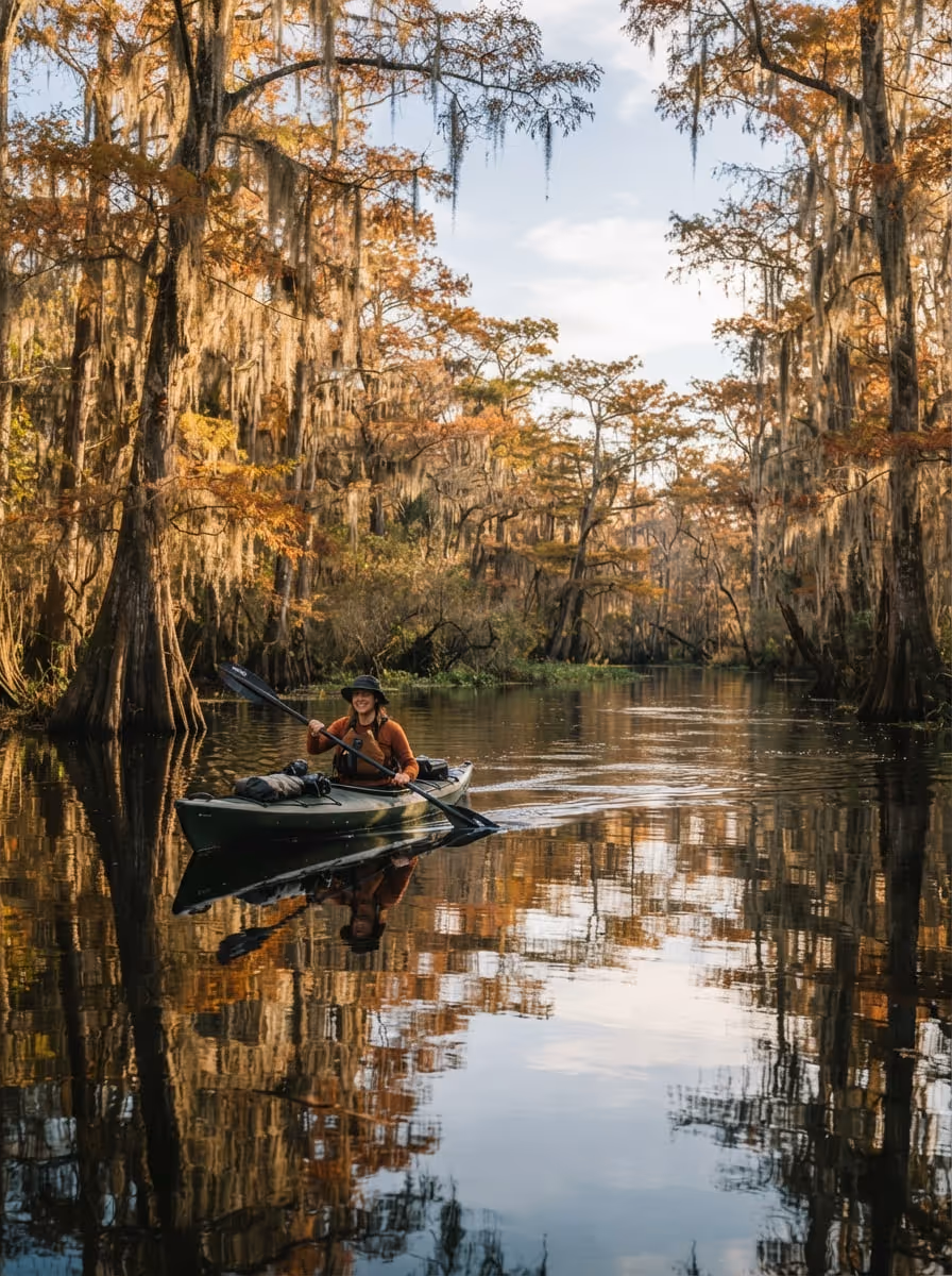 Barcos de pesca ancorados em água calma em Cedar Key sob luz dourada de fim de tarde em outubro