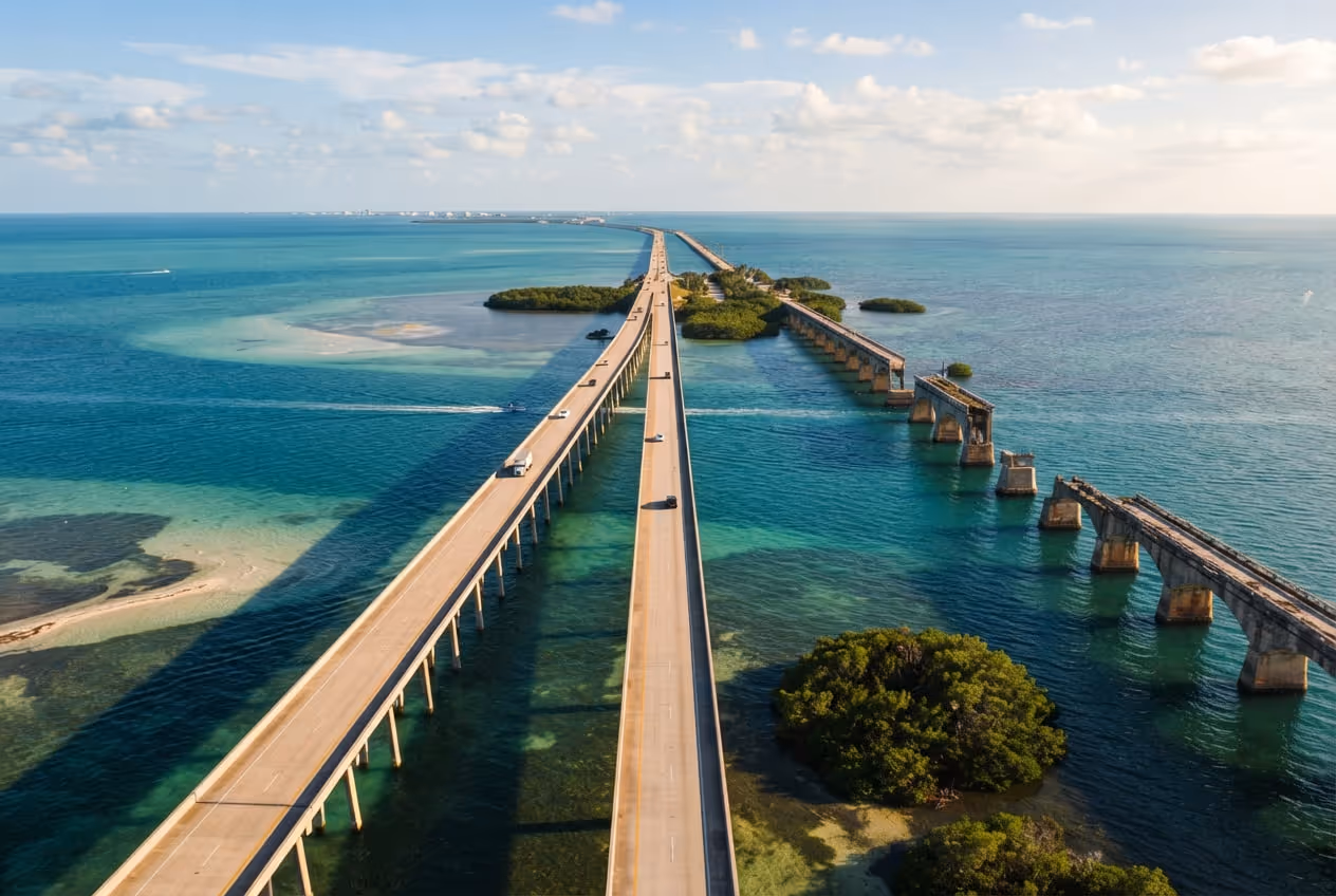 Vista aérea da Seven Mile Bridge cortando água azul-turquesa rasa entre as ilhas das Keys