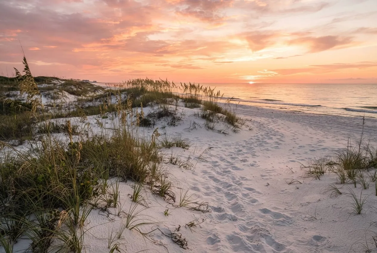 Dunas cobertas de capim ao pôr do sol, céu rosa e alaranjado e pegadas na areia branca
