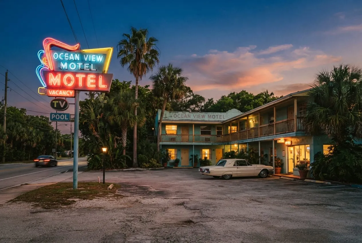 Motel de beira de estrada com letreiro de neon aceso, carro estacionado e palmeiras no fim da tarde