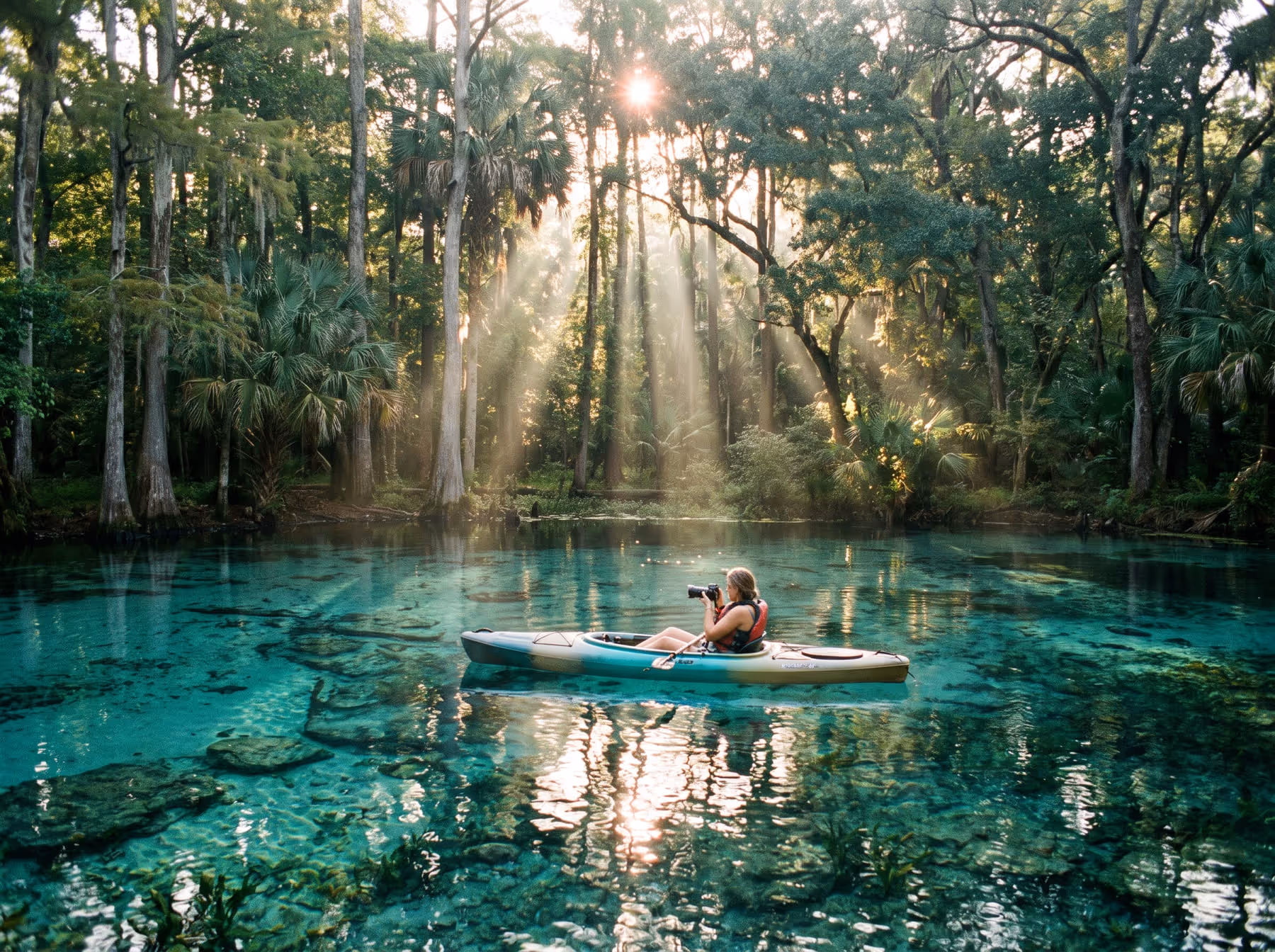 Vista aérea da piscina natural de Rainbow Springs com fundo de areia branca