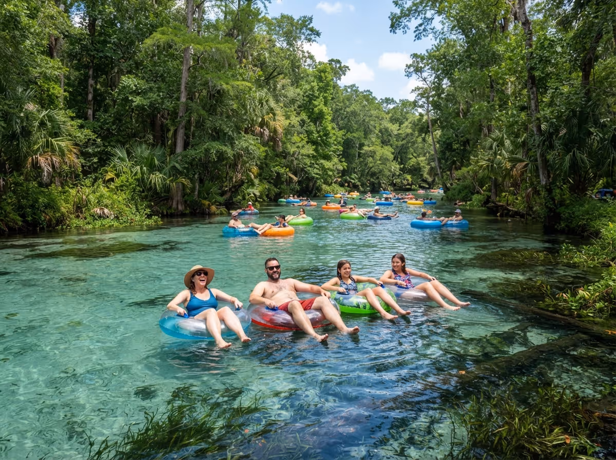 Boias descendo o Rainbow River entre margens de vegetação densa