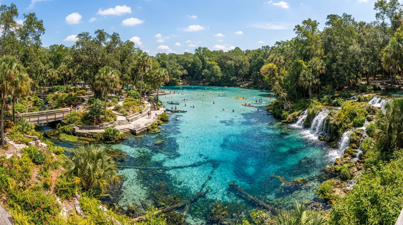 Água azul-turquesa transparente da nascente de Rainbow Springs cercada por vegetação subtropical
