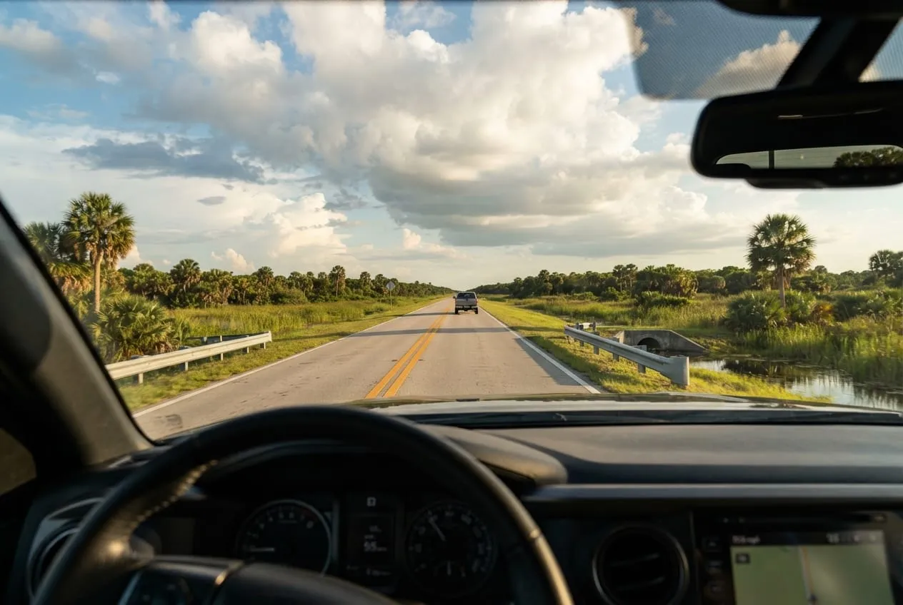 Rodovia de mão dupla vista do banco do motorista, cortando brejo e capões de palmeira até o horizonte
