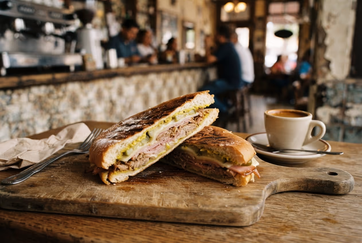 Sanduíche cubano prensado cortado na diagonal mostrando camadas de porco, presunto, queijo e picles sobre tábua de madeira