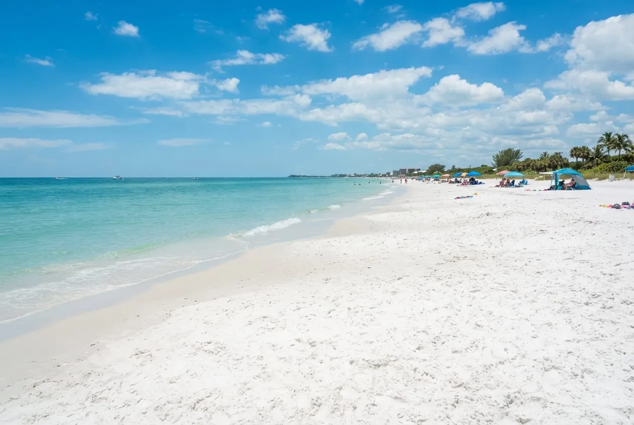 Areia branca e fina de quartzo em Siesta Key, água turquesa calma e guarda-sóis abertos ao longe