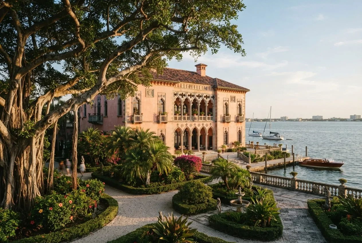 Mansão rosa em estilo gótico veneziano à beira da baía, emoldurada por uma figueira-de-bengala enorme