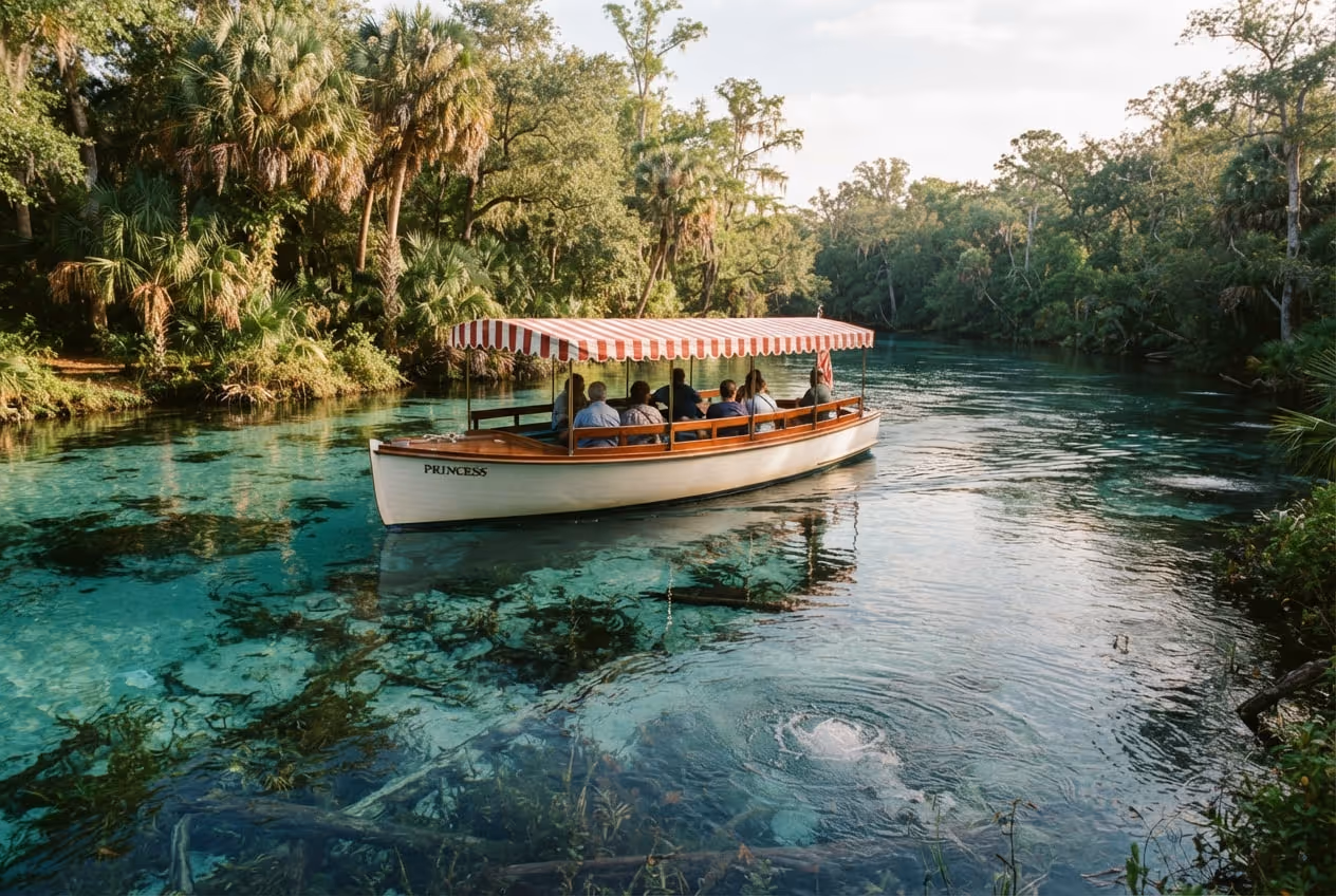 Barco de fundo de vidro sobre a água transparente da nascente de Silver Springs cercada de árvores