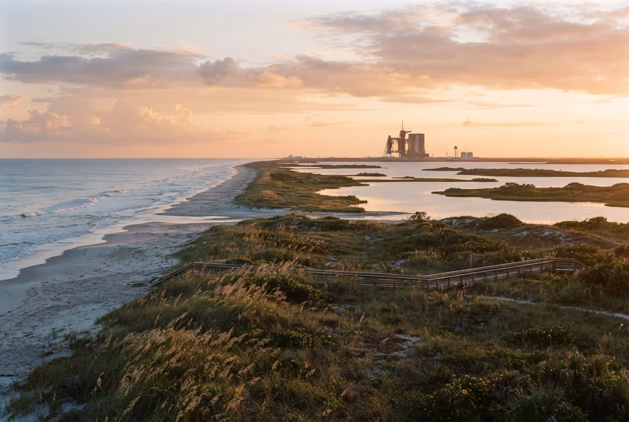 Praia deserta com dunas de vegetação nativa na costa atlântica da Flórida ao amanhecer