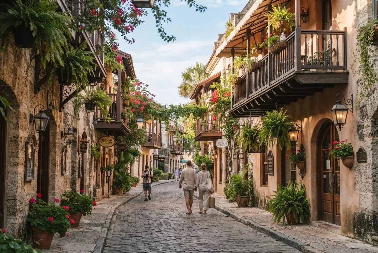Ruela estreita do centro histórico com muros de coquina, sacadas coloniais espanholas de madeira e lampiões acesos