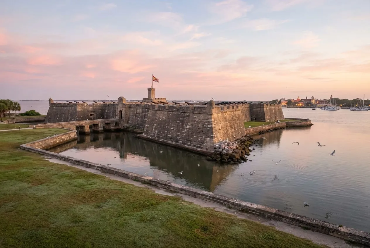Forte espanhol de pedra coquina em forma de estrela à beira da baía ao amanhecer, canhões na muralha