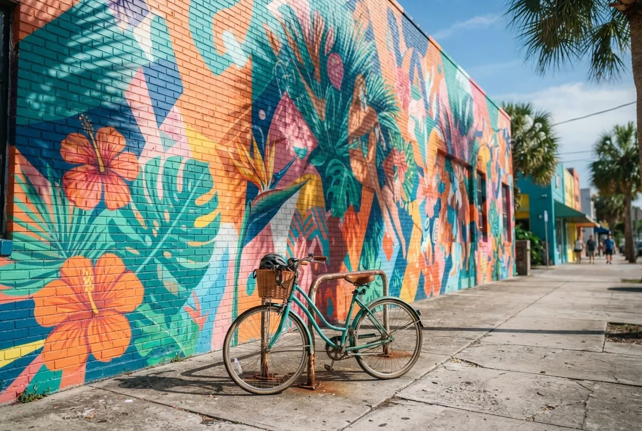 Mural colorido gigante cobrindo uma parede de tijolos no bairro das artes, com uma bicicleta encostada