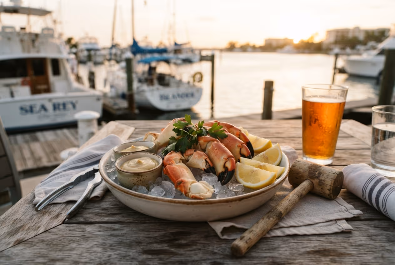 Garras de stone crab já cozidas e rachadas sobre gelo, com tigela de molho de mostarda ao lado
