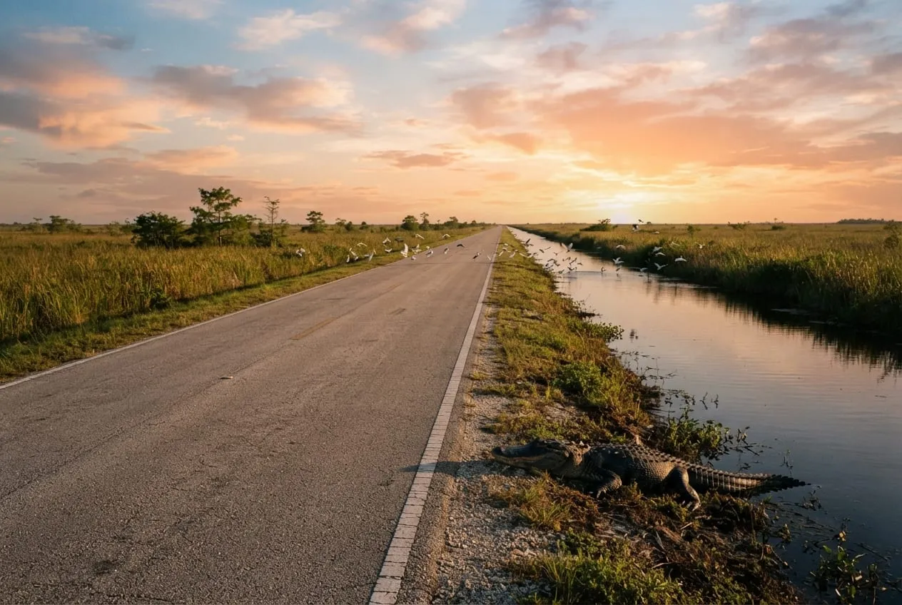 Luz dourada sobre a savana de grama-de-serra, com um jacaré parado na margem do canal ao lado da pista