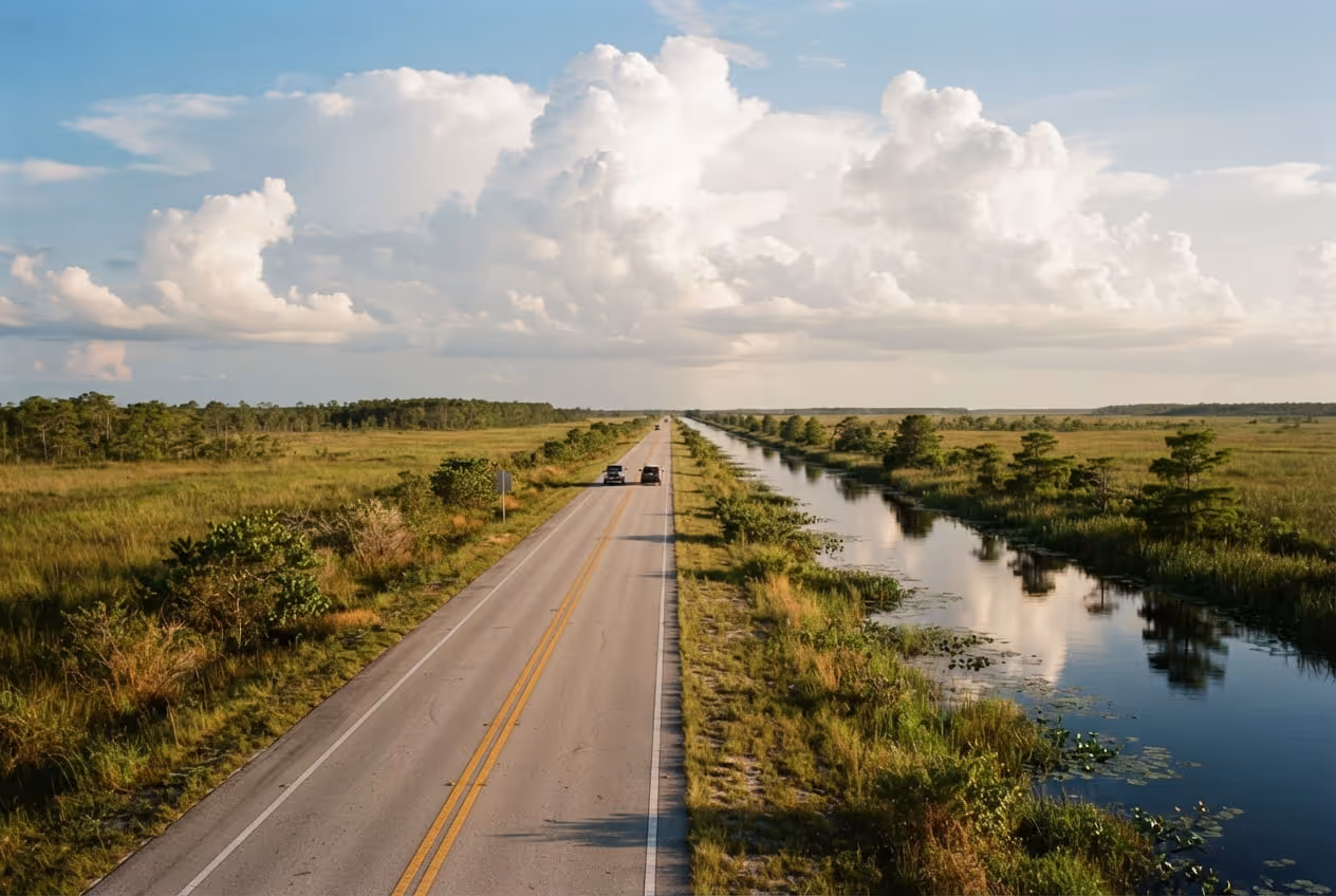 Estrada reta da US-41 cortando o pântano de serragem dos Everglades com ciprestes nos dois lados