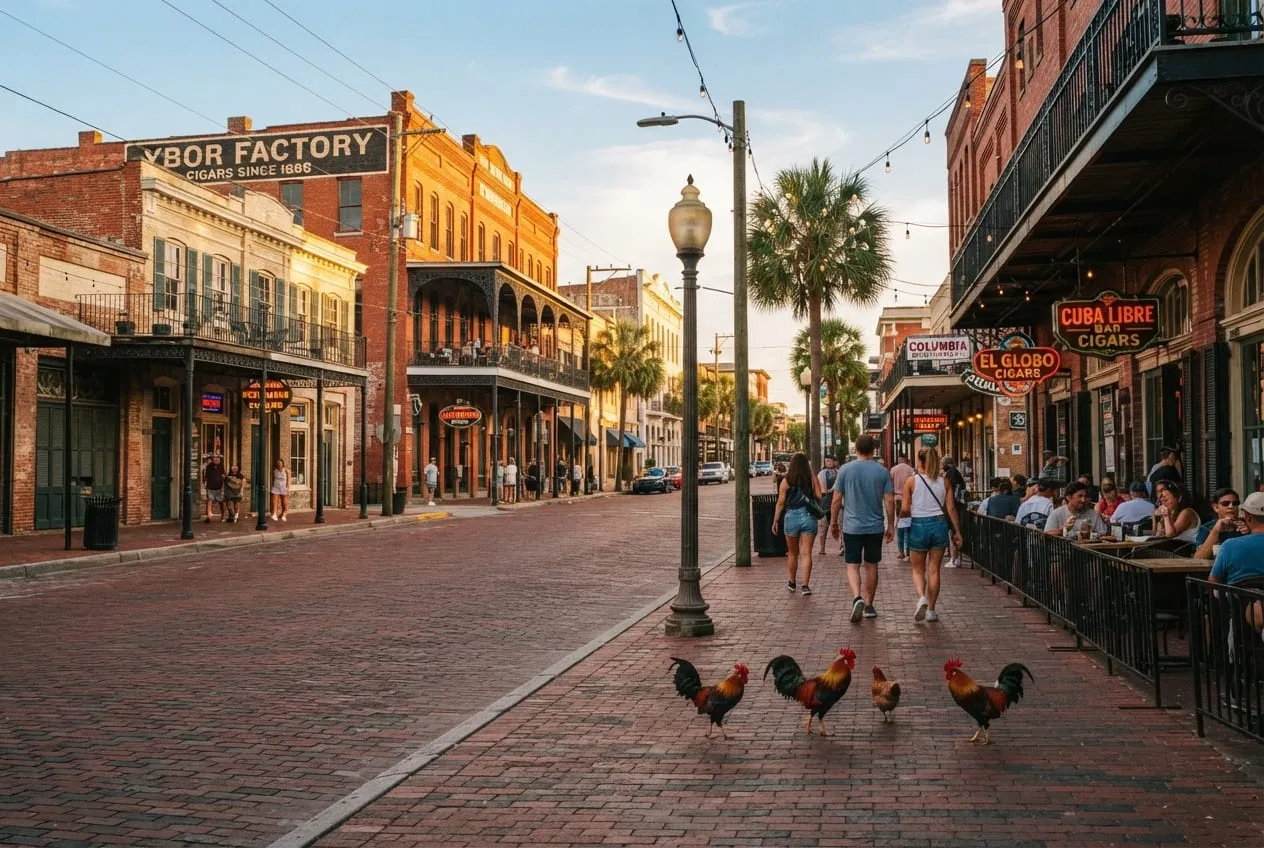Antigas fábricas de charuto em tijolo vermelho em Ybor City, com sacadas de ferro e galos soltos na rua
