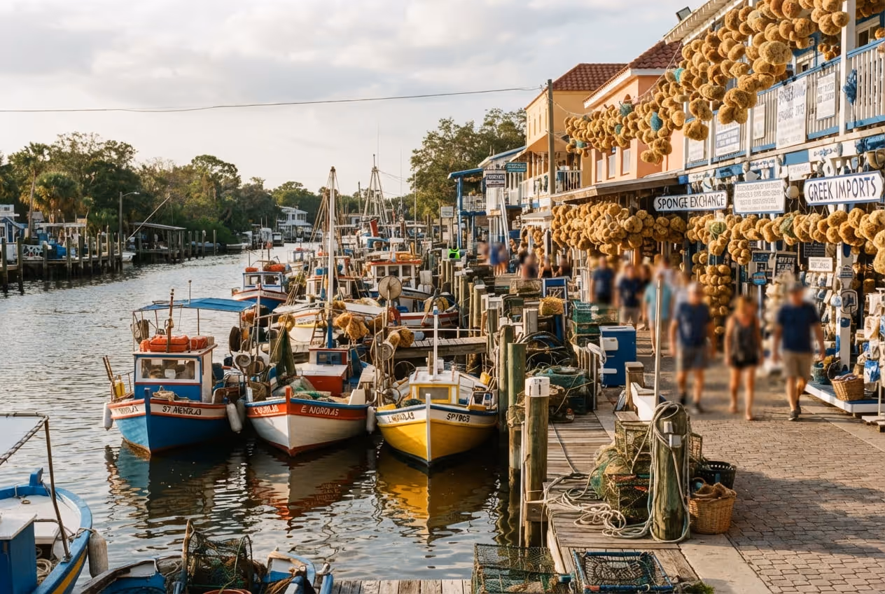 Barcos de pesca de esponja atracados nas docas de Tarpon Springs com esponjas penduradas no convés