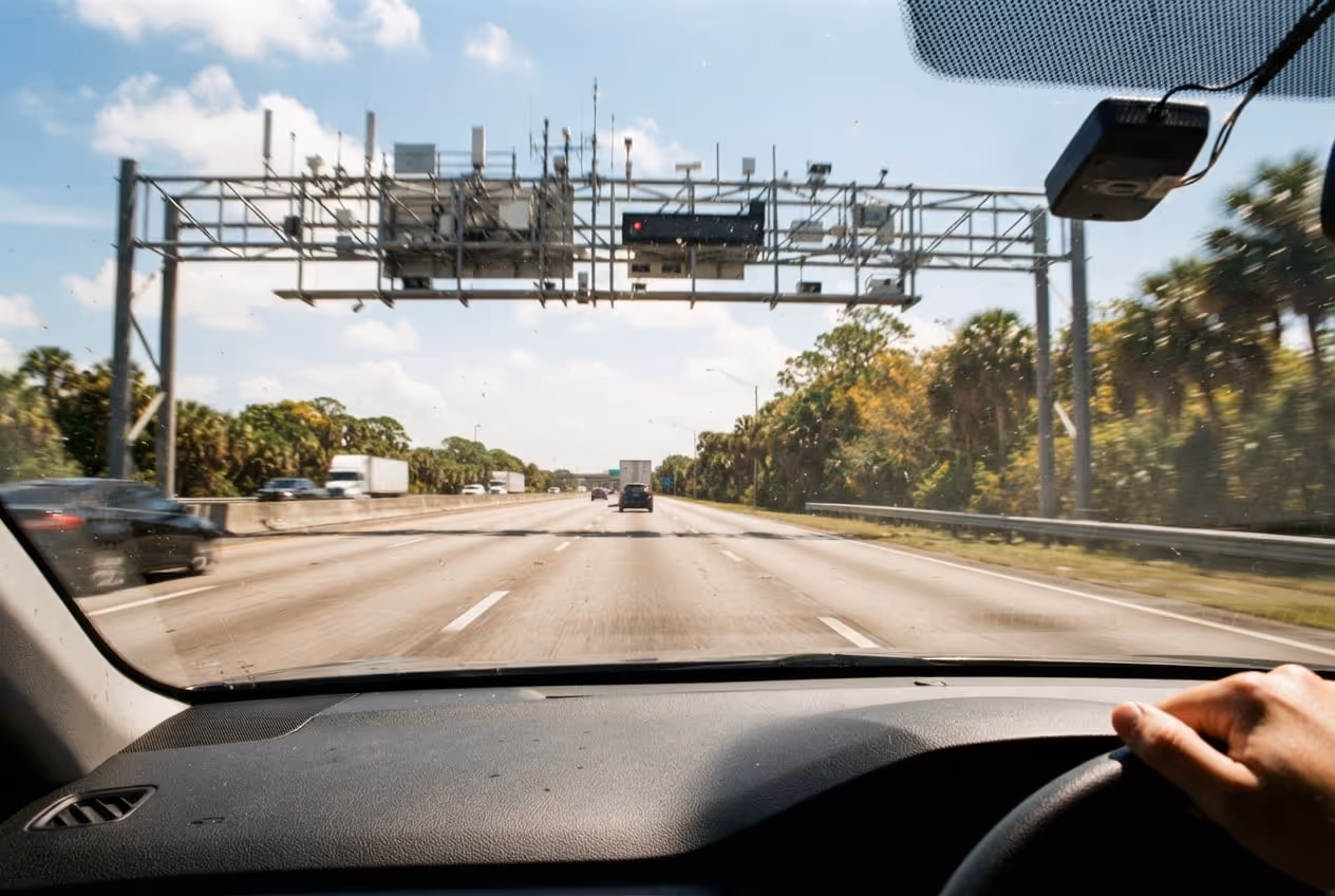 Pórtico de pedágio eletrônico sobre uma rodovia expressa da Flórida, sem cabine e sem cancela, com carros passando em velocidade