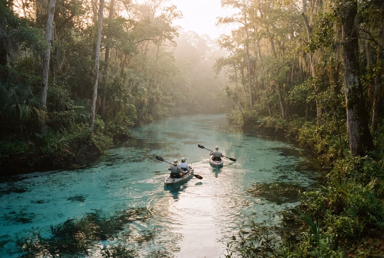 Rio Weeki Wachee de água transparente com fundo de areia clara correndo entre margens de vegetação subtropical