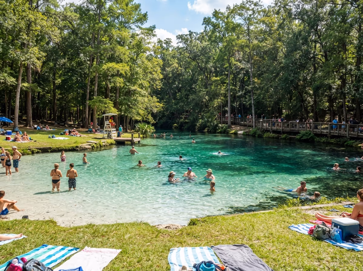 Piscina natural de Wekiwa Springs com água esverdeada e transparente cercada de vegetação alta
